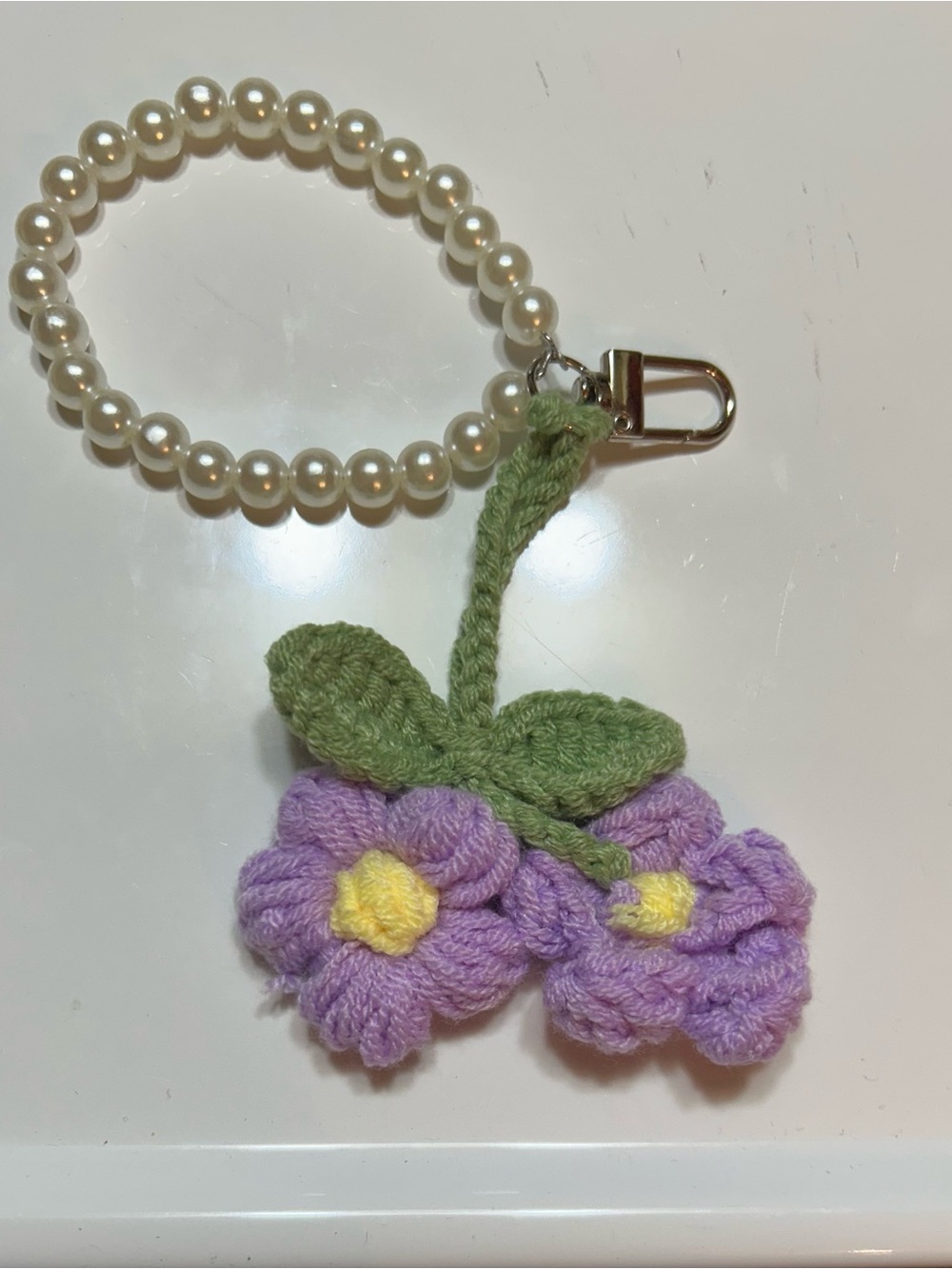 Handmade Lavender Crochet Flower Pearl Bracelet Keychain/Bag Charm